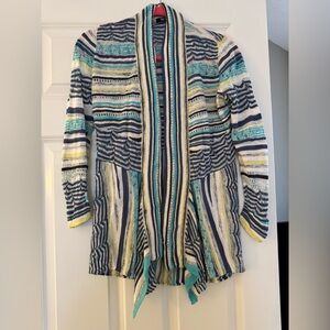 NIC+ZOE Blue and Yellow Striped Open Front Cardigan